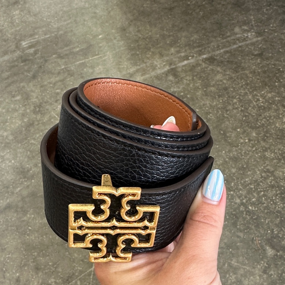 Tory Burch Black and Brown Belt with Gold Buckle